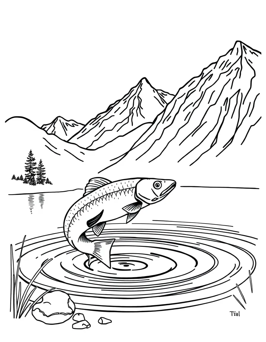 Mountain lake with jumping fish and ripples