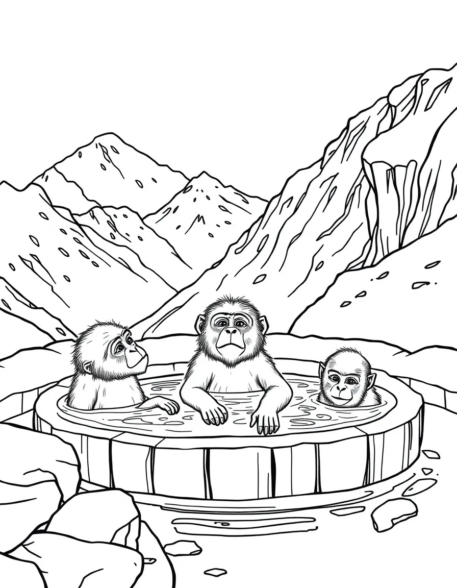 Snow monkeys bathing in mountain hot springs
