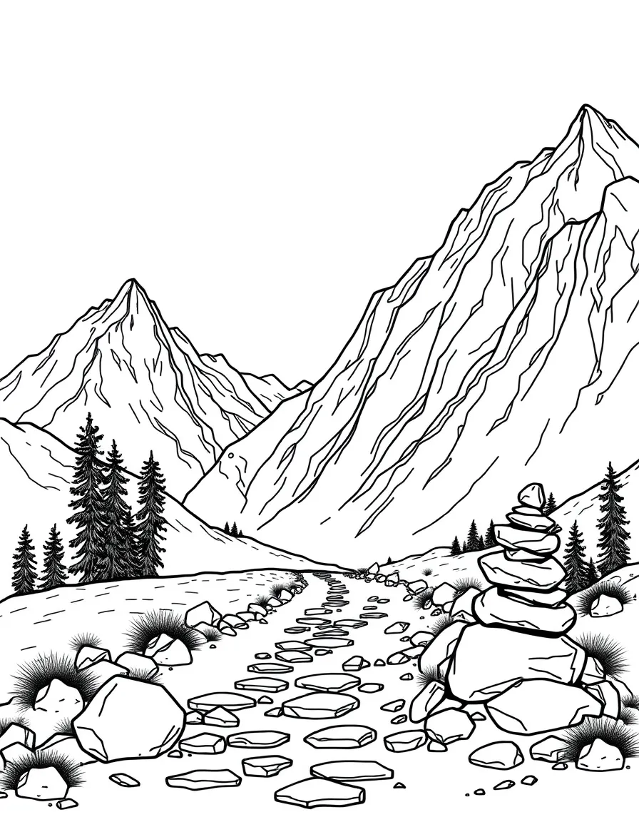 Mountain pass with prayer stone cairns