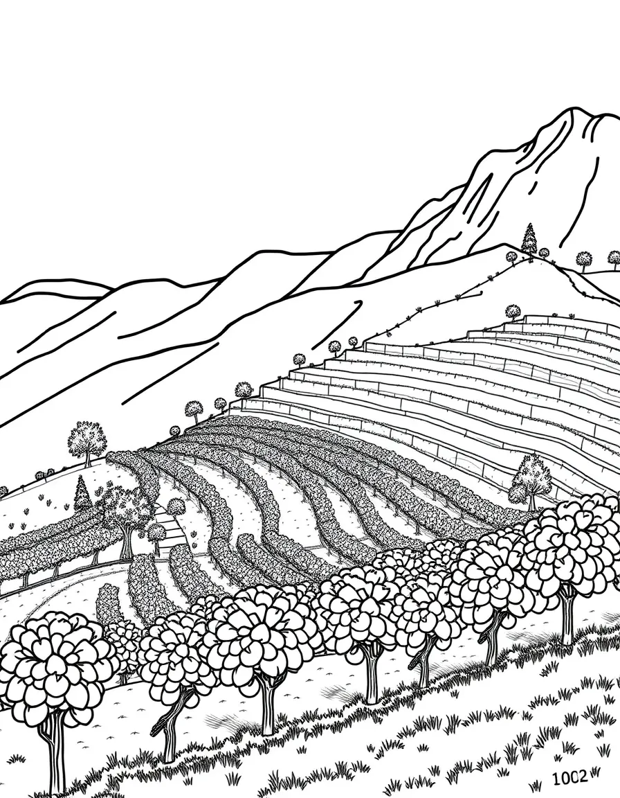 Mountainside vineyard with terraced rows