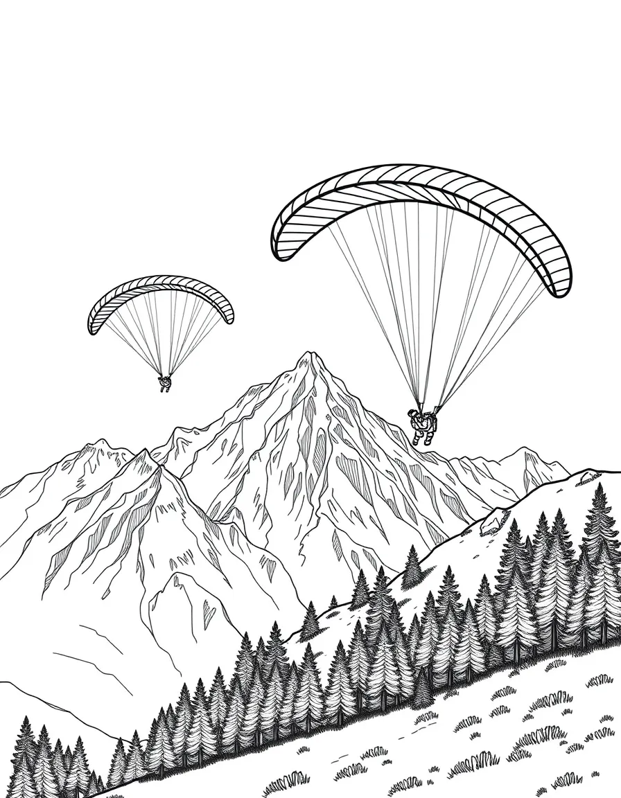 Paragliders soaring near mountain peaks