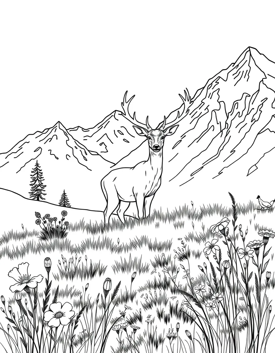 Mountain meadow with grazing deer and wildflowers