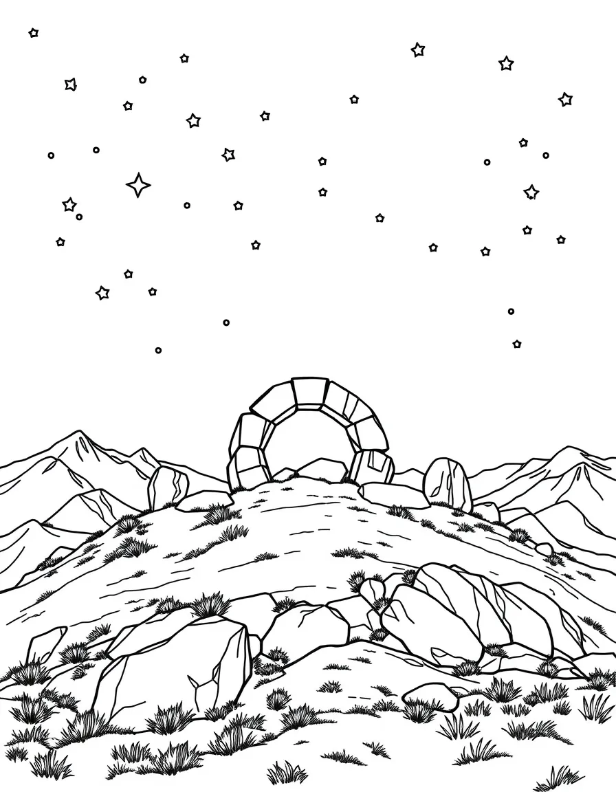Stone circle on mountain plateau under stars
