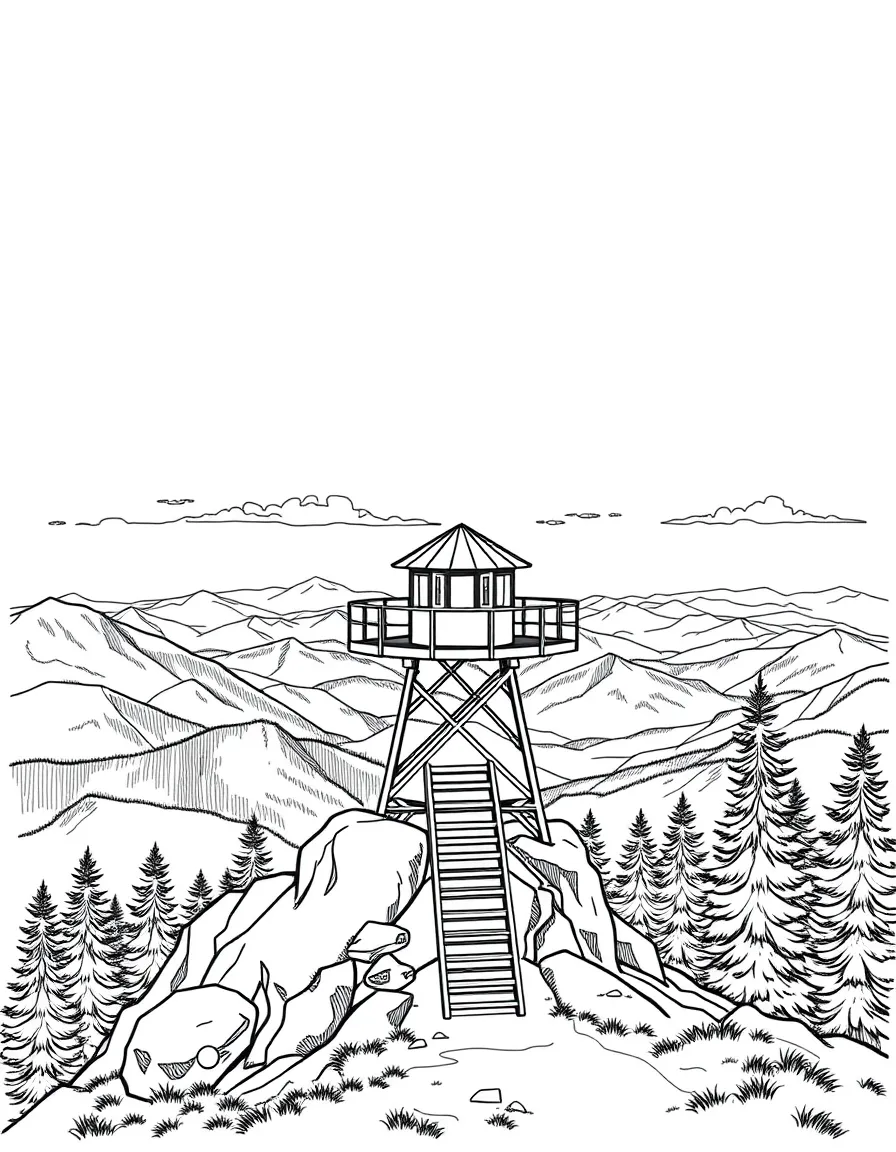 Mountain fire lookout tower with panoramic views