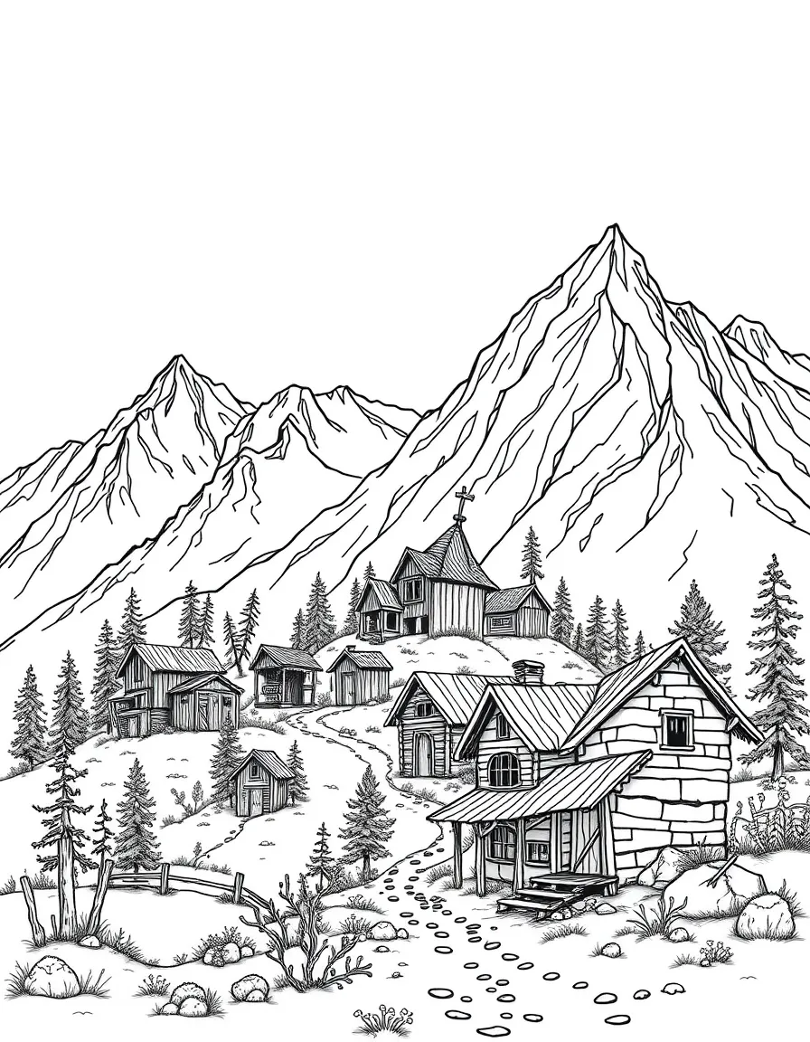 Abandoned mountain ghost town with detailed buildings