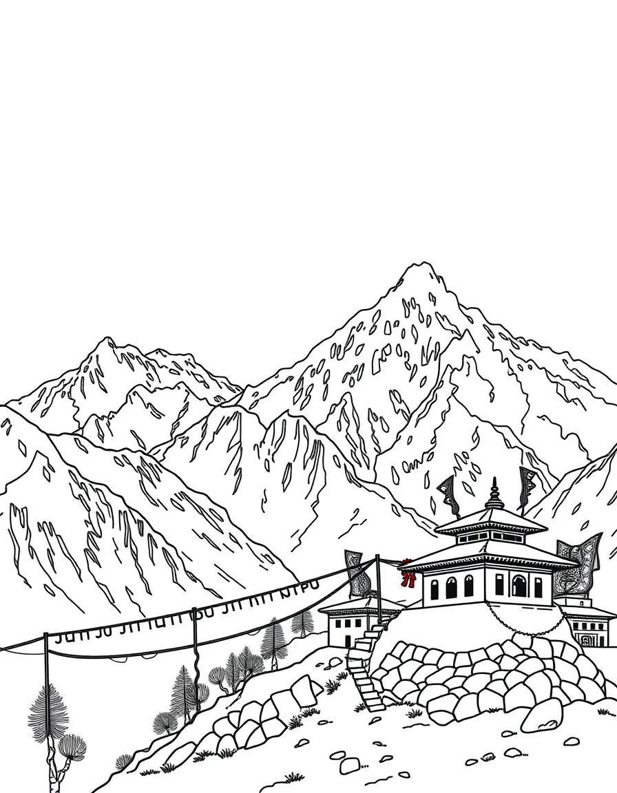 Himalayan mountains with prayer flags and monastery