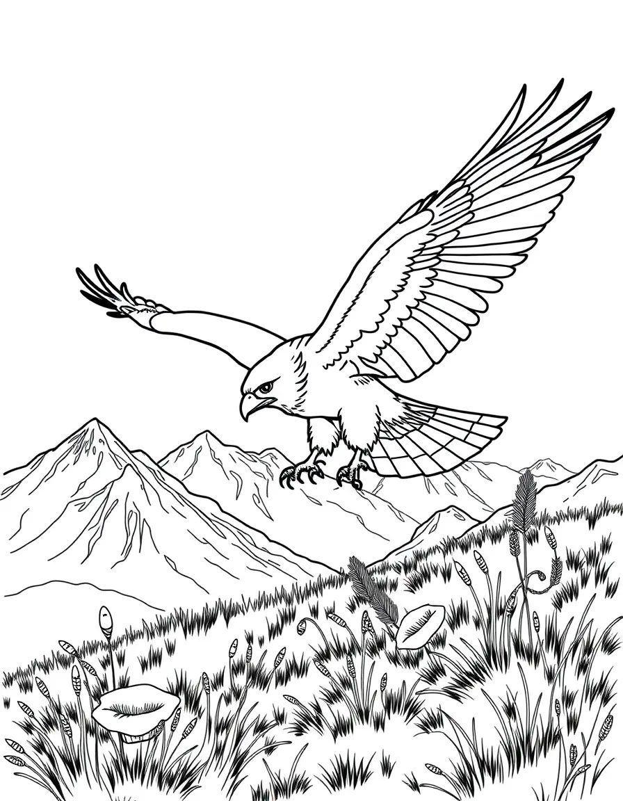 Mountain hawk hunting over alpine meadow