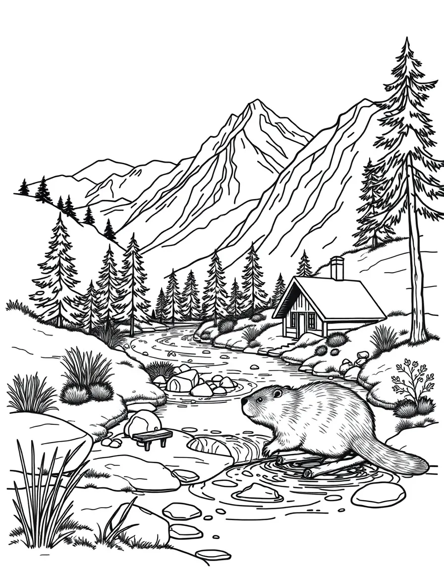 Mountain stream with beaver dam and lodge