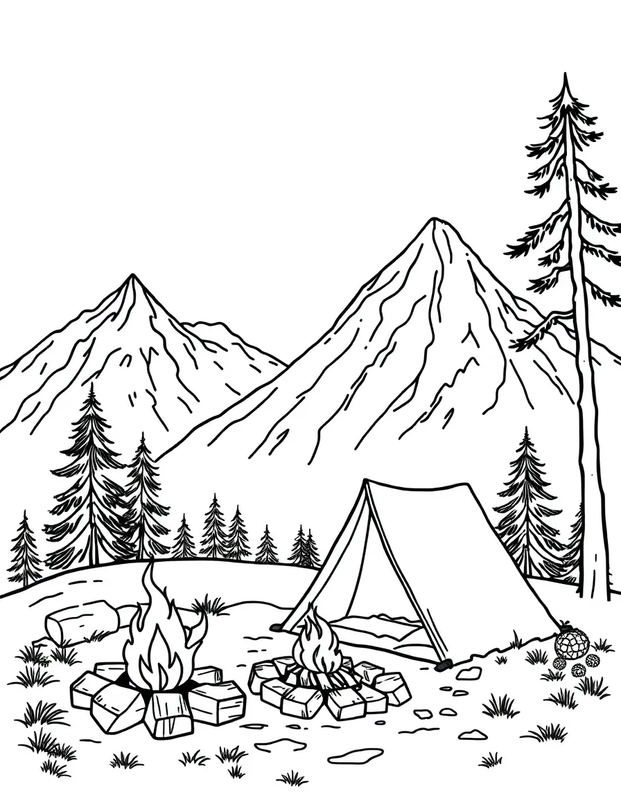 Mountain campsite with tent and campfire