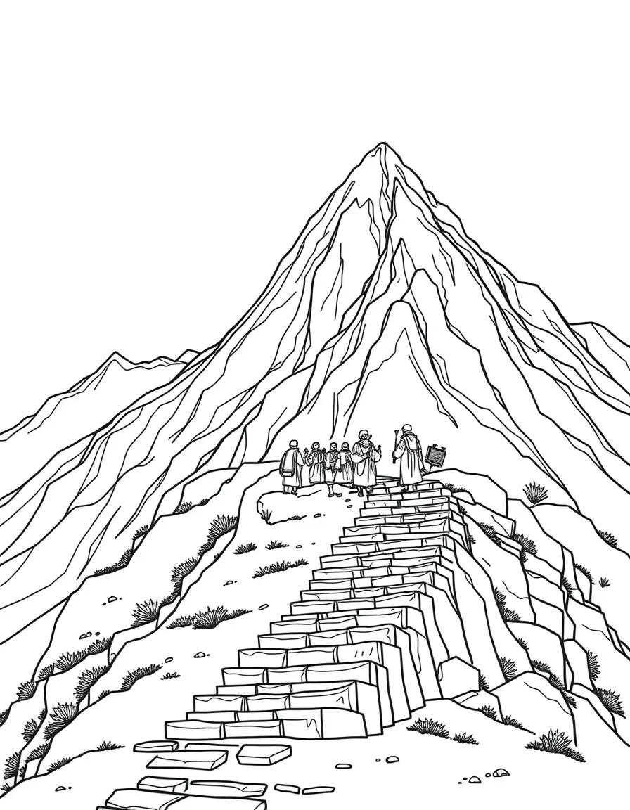 Sacred mountain with pilgrims climbing stone steps