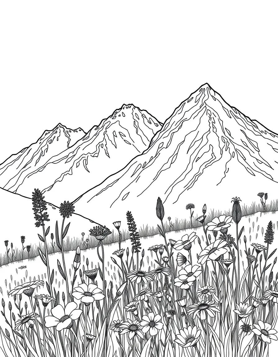 Detailed mountain wildflowers in alpine meadow