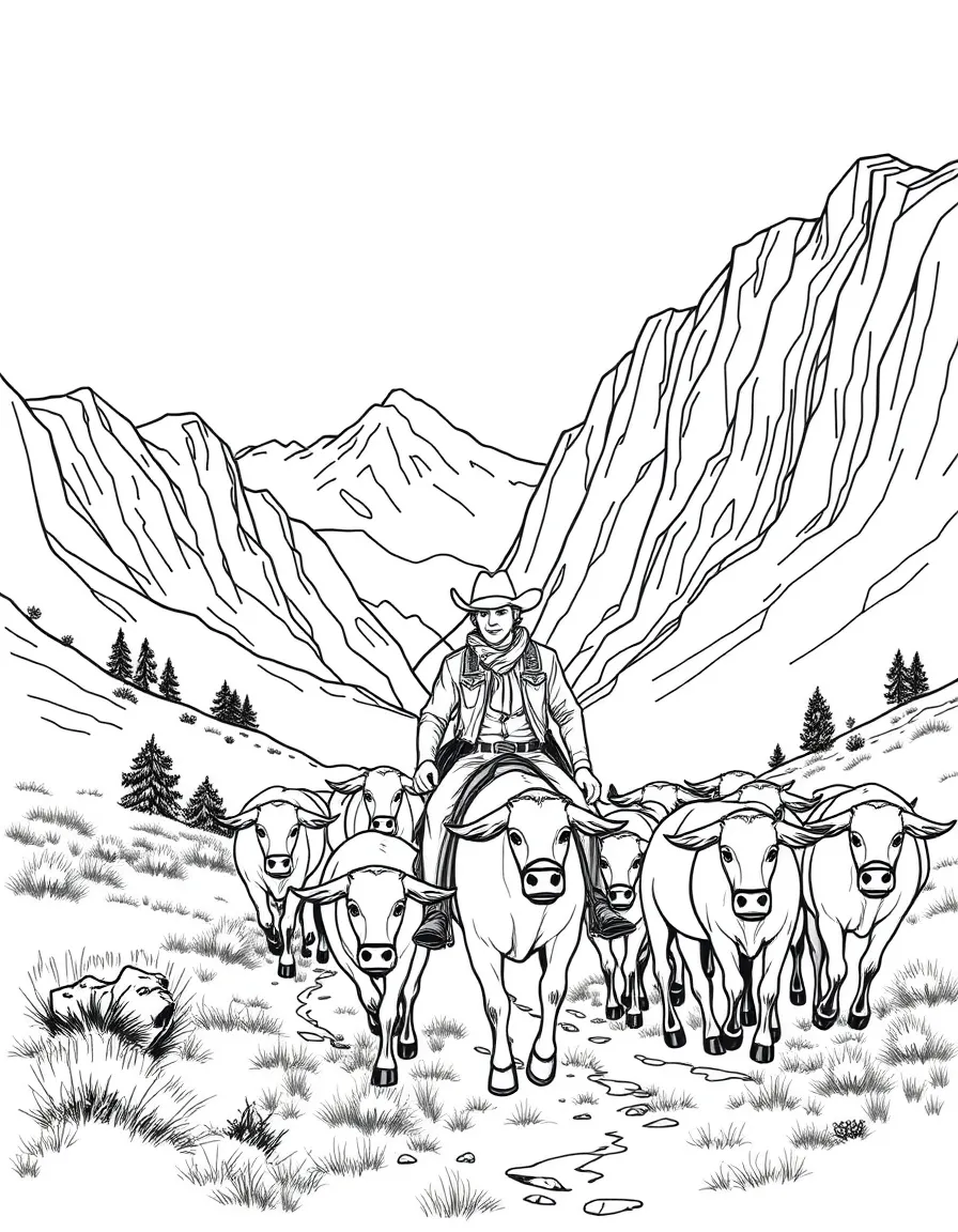 Cowboy herding cattle through mountain pass