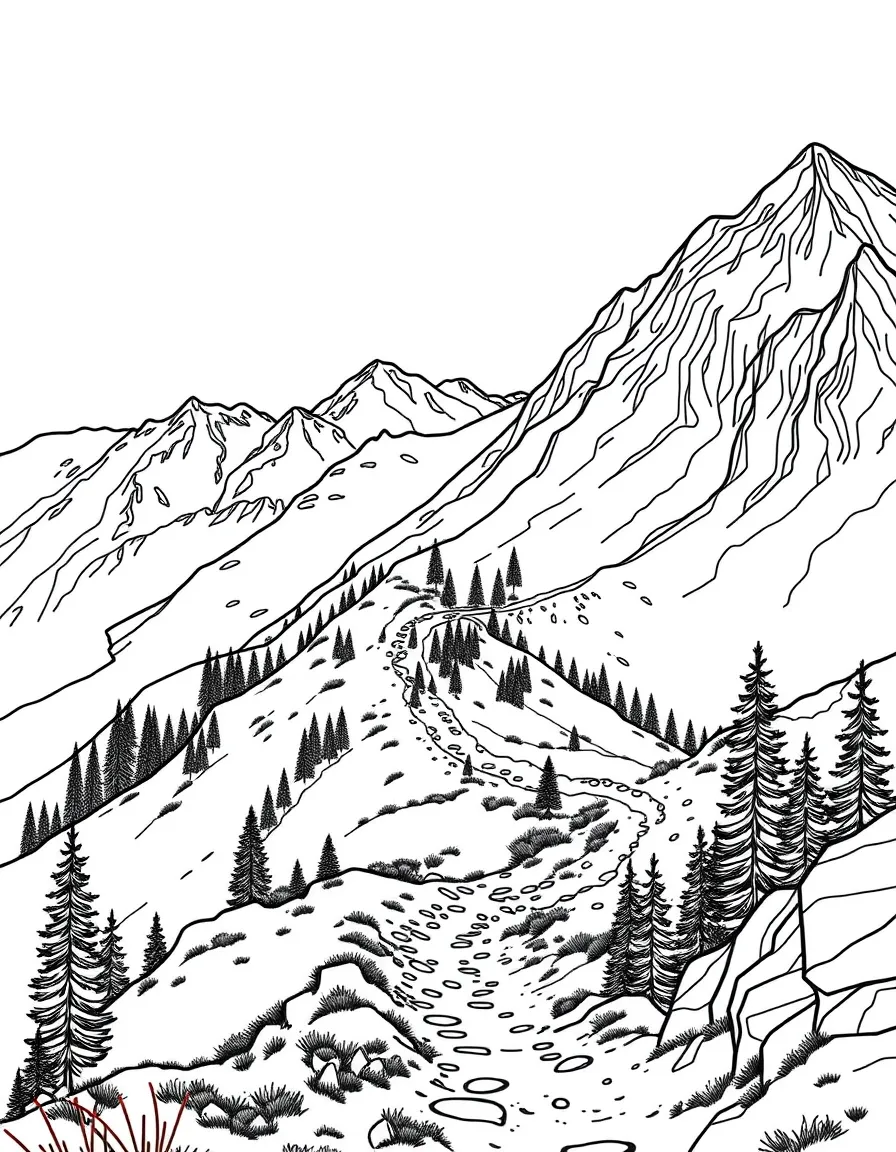 Mountain trail with switchbacks viewed from above