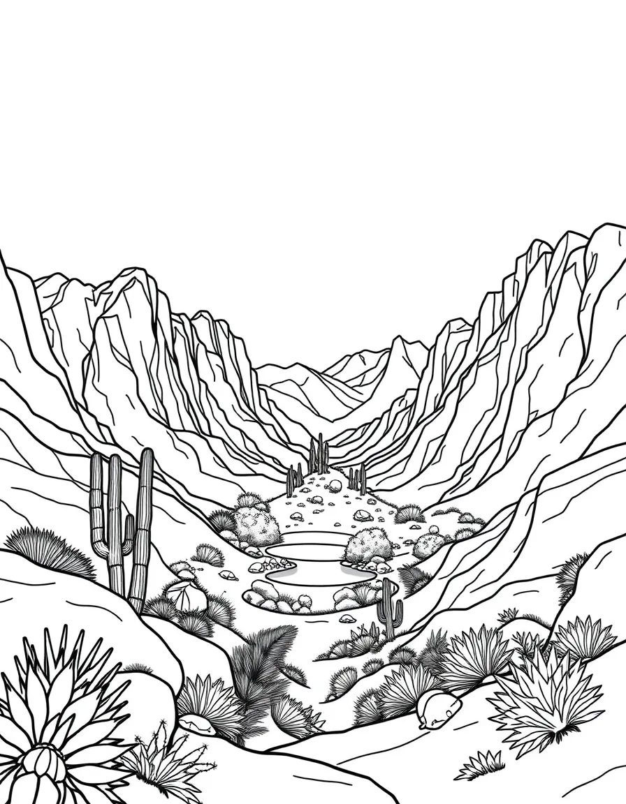 Desert mountains with oasis in valley
