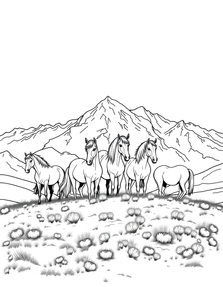 Wild horses on plateau with mountain backdrop