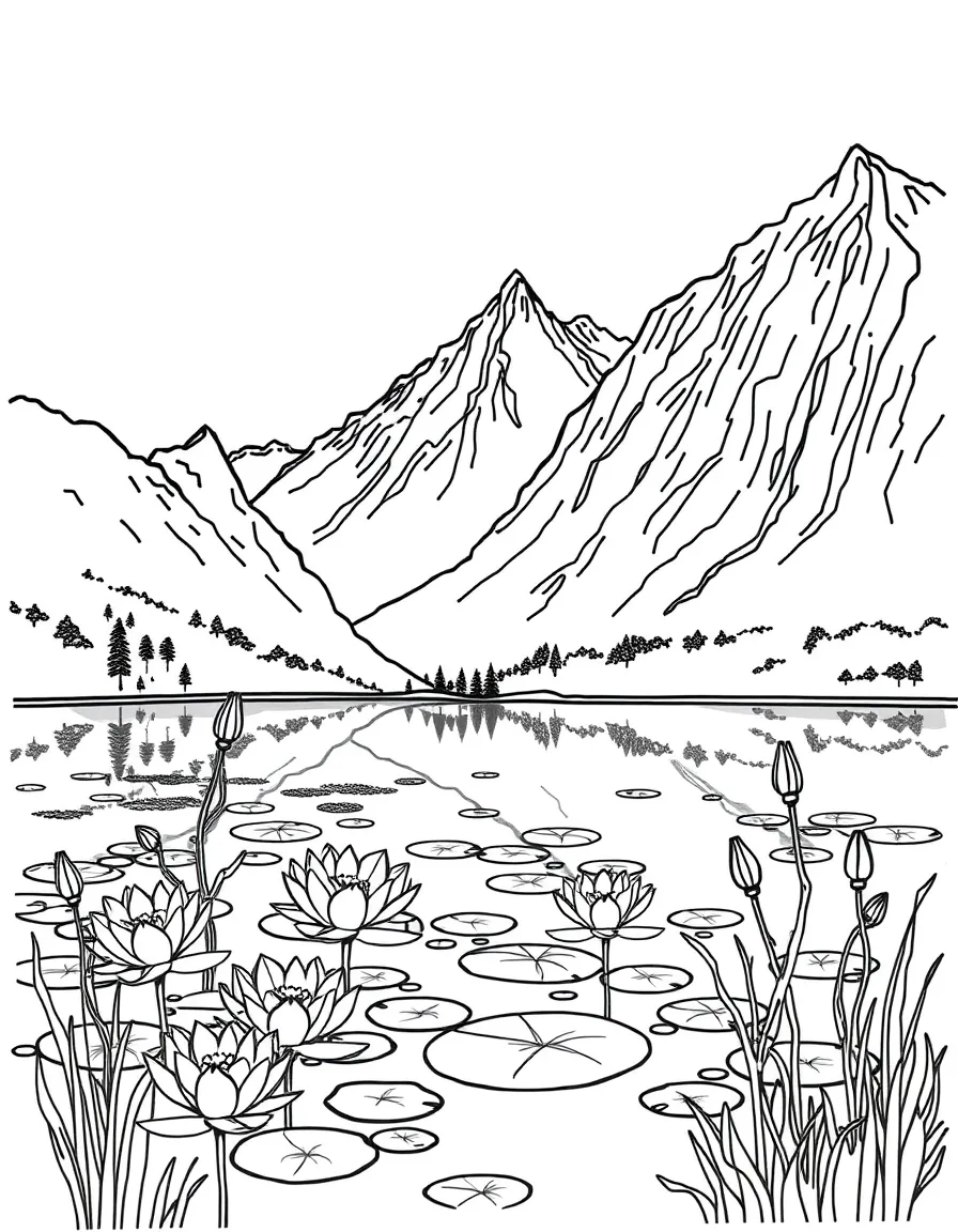 Mountain lake with lily pads and water plants