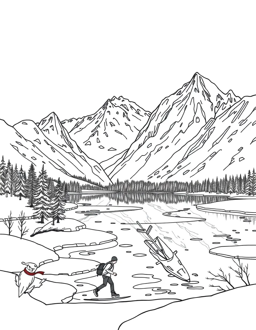 Mountain lake frozen in winter with ice skaters