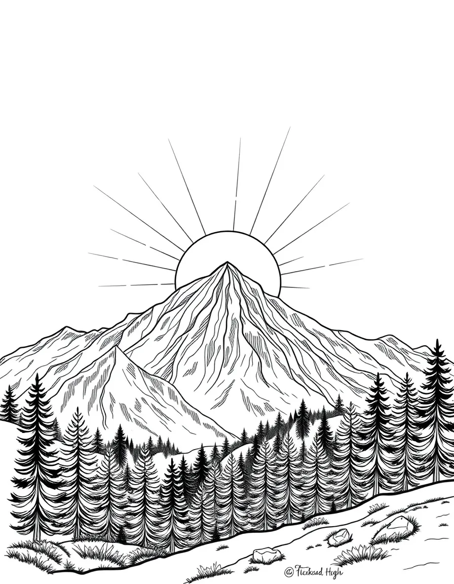 Mountain sunrise with streaming light rays