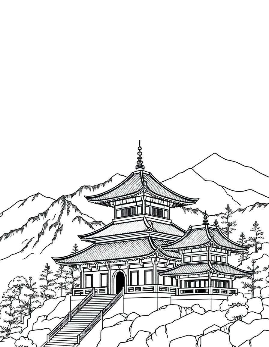 Asian-style mountain temple with tiered roofs