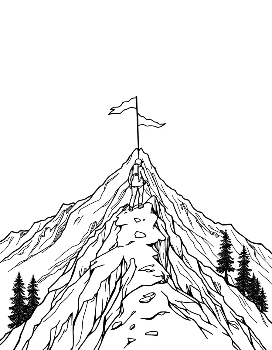 Mountain summit with climber and flag