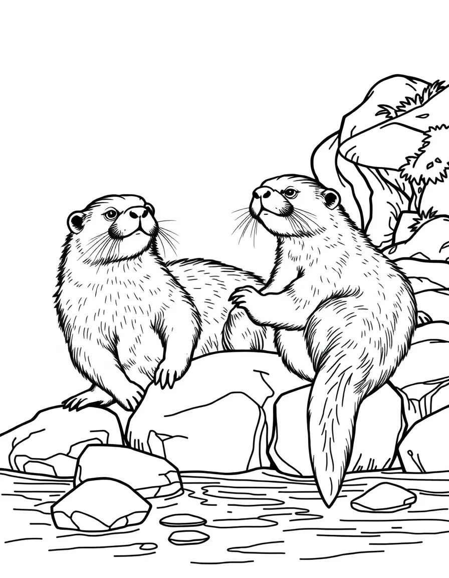 River otters playing on rocky riverbank