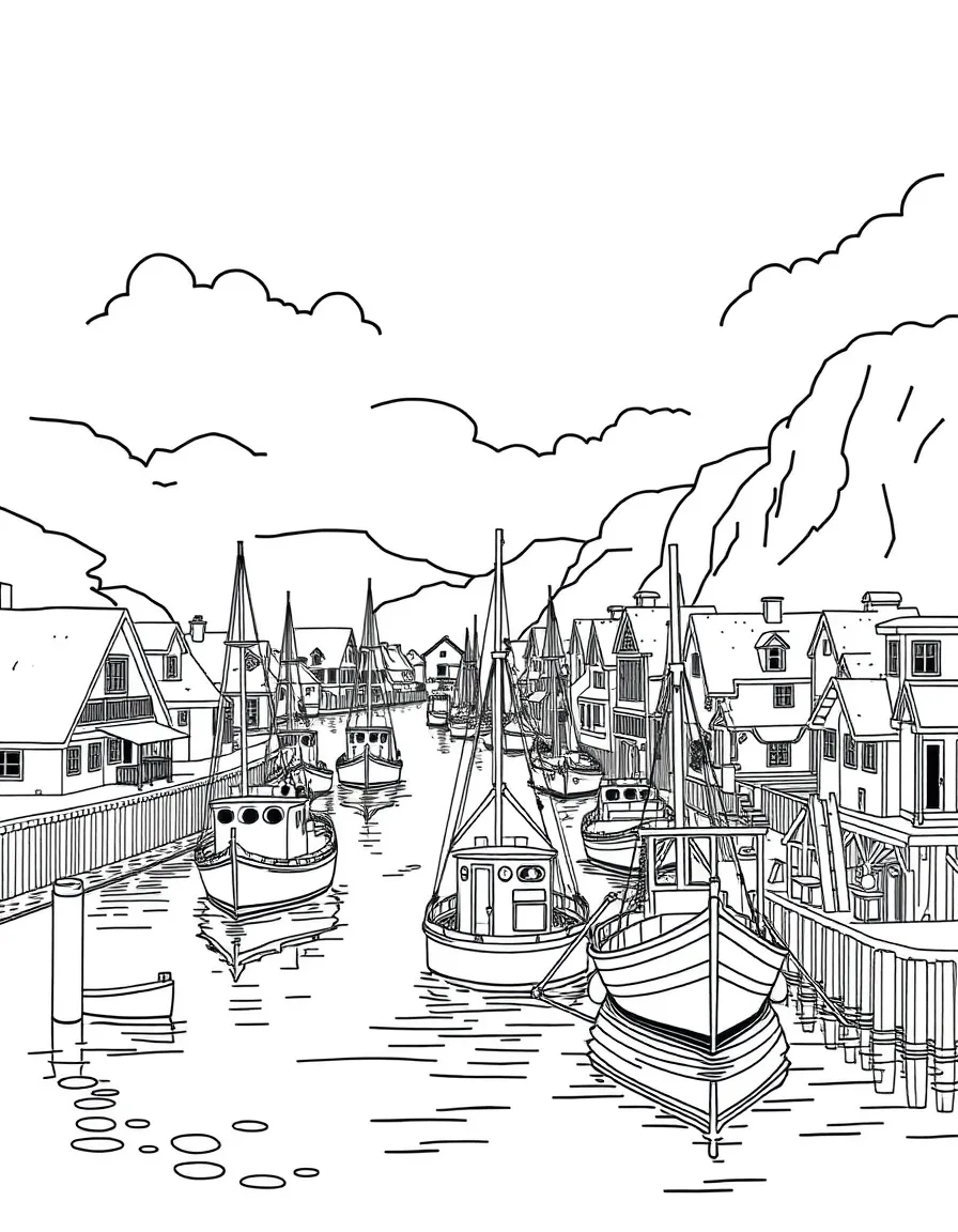 River fishing village with boats and docks