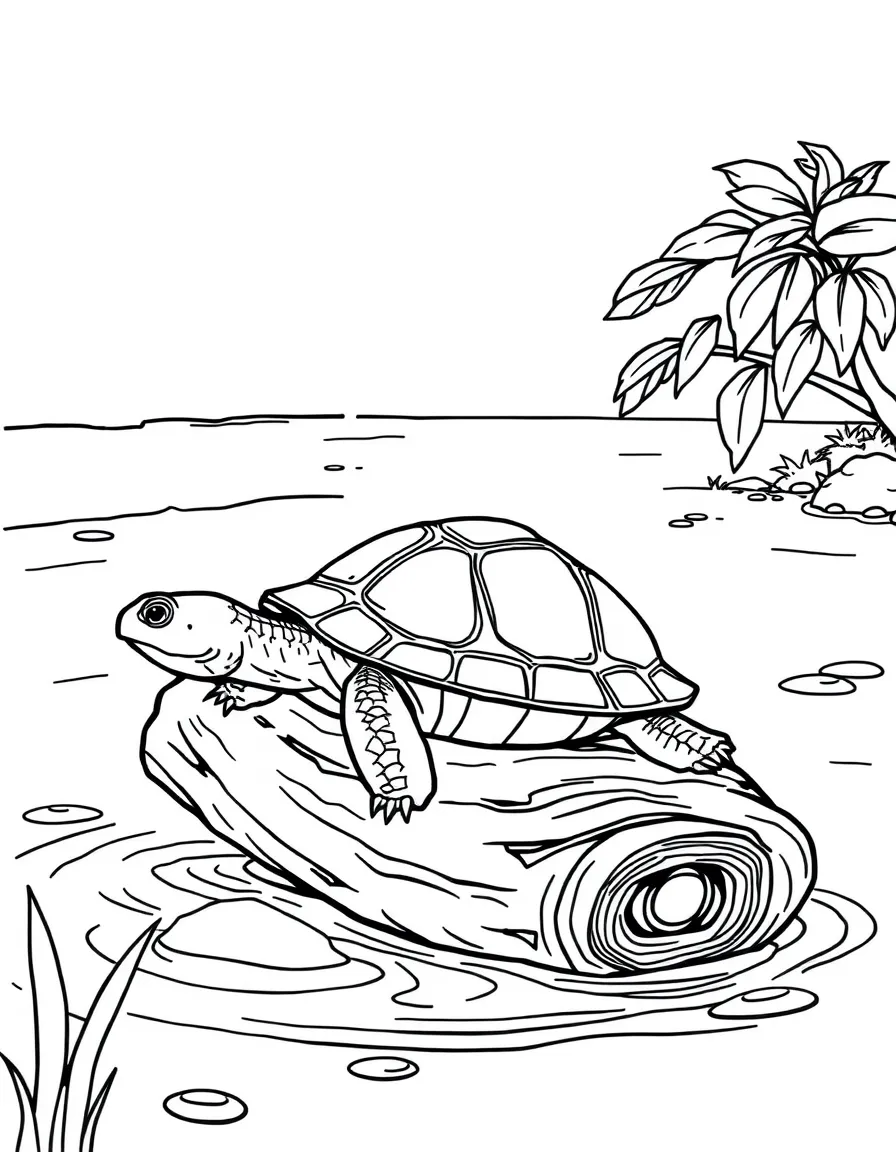 Turtle sunning on log in lazy river bend