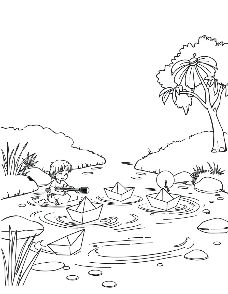 Children playing in shallow river with paper boats