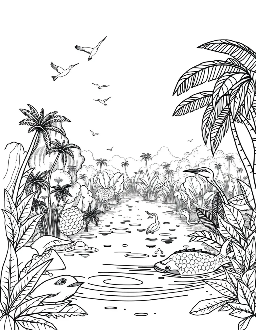 Amazon river scene with exotic wildlife