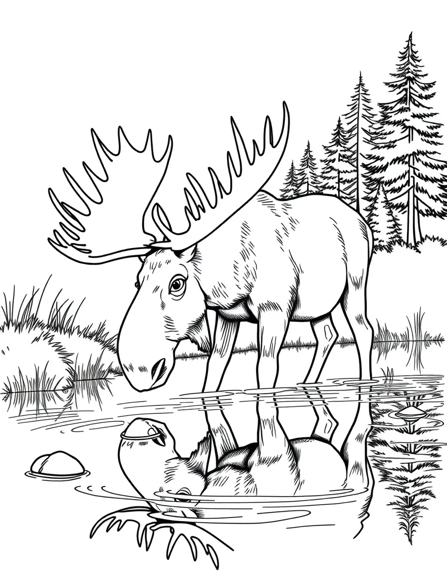 Moose feeding in river with reflection in water