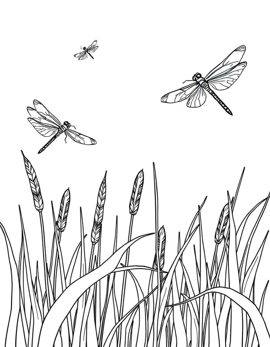 Dragonflies hovering over river reeds