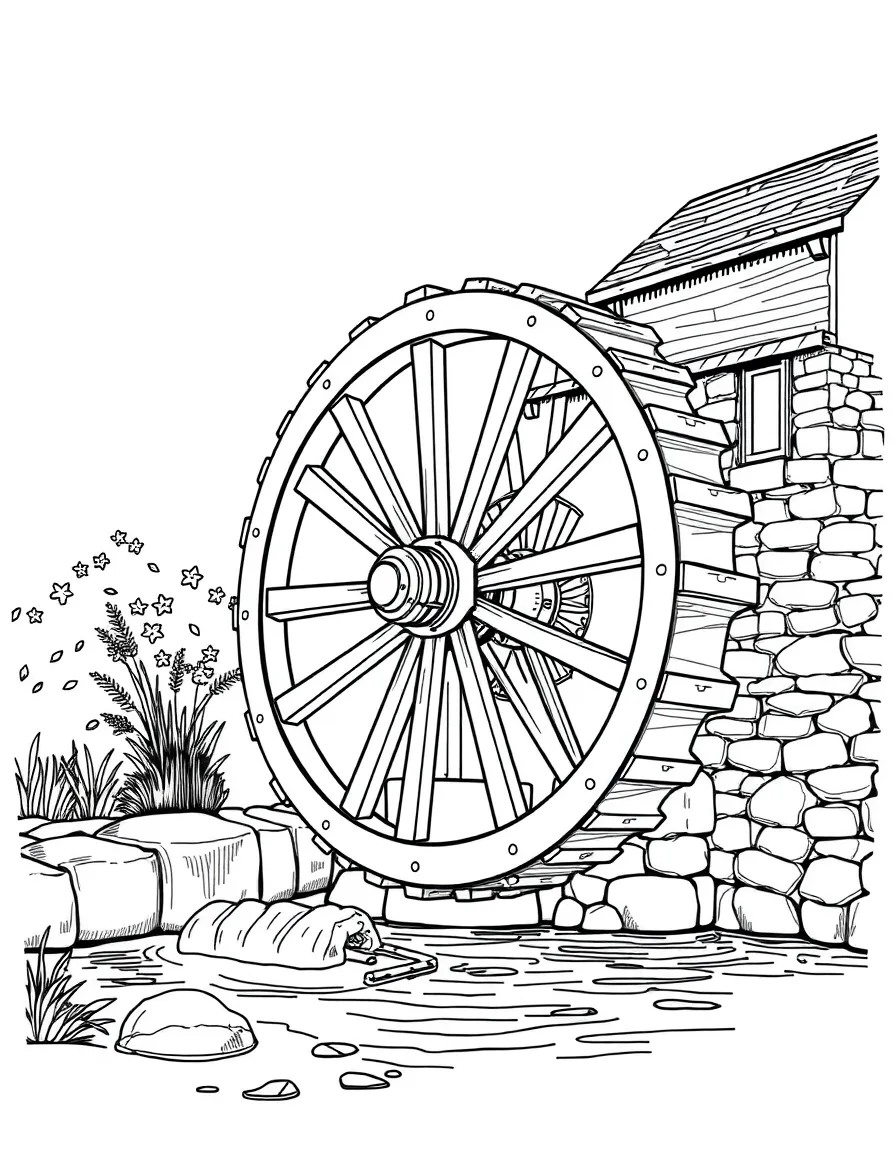 Water wheel on river mill with detailed mechanism