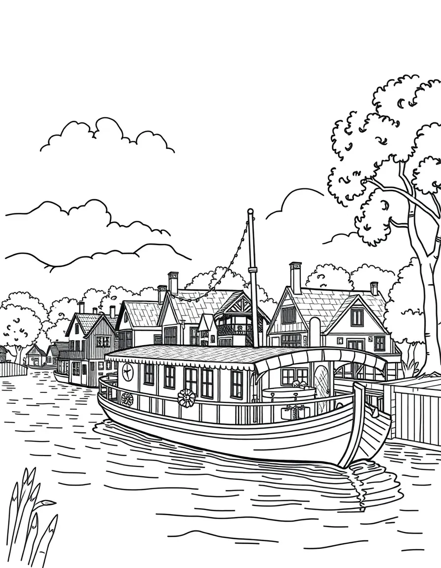 Houseboat community on wide river