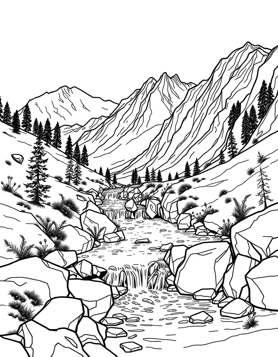 Rocky mountain river with small waterfalls