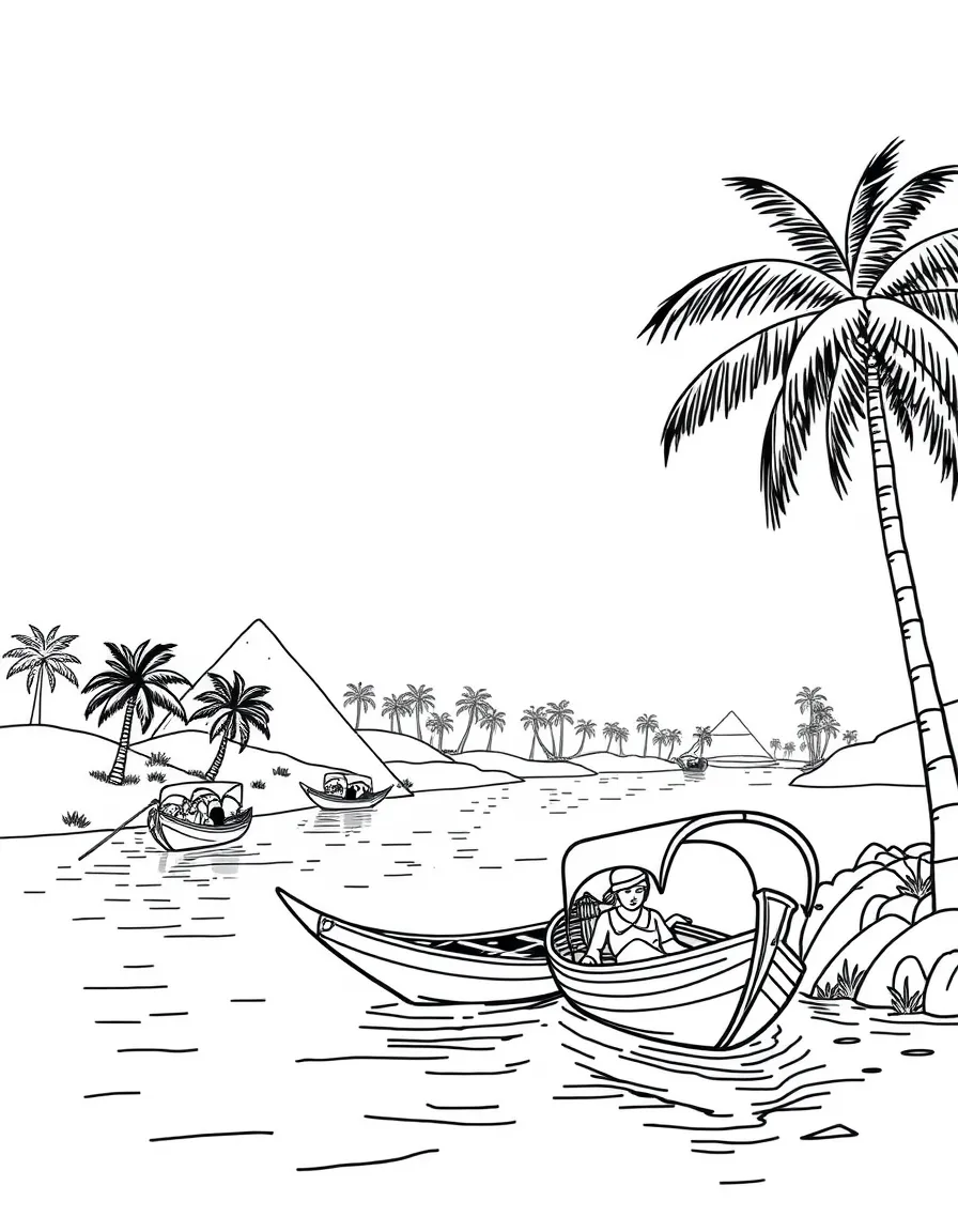Nile River scene with traditional boats and palms