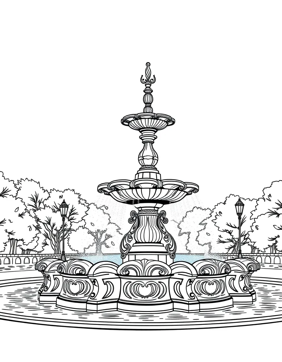 Ornate river fountain in city park