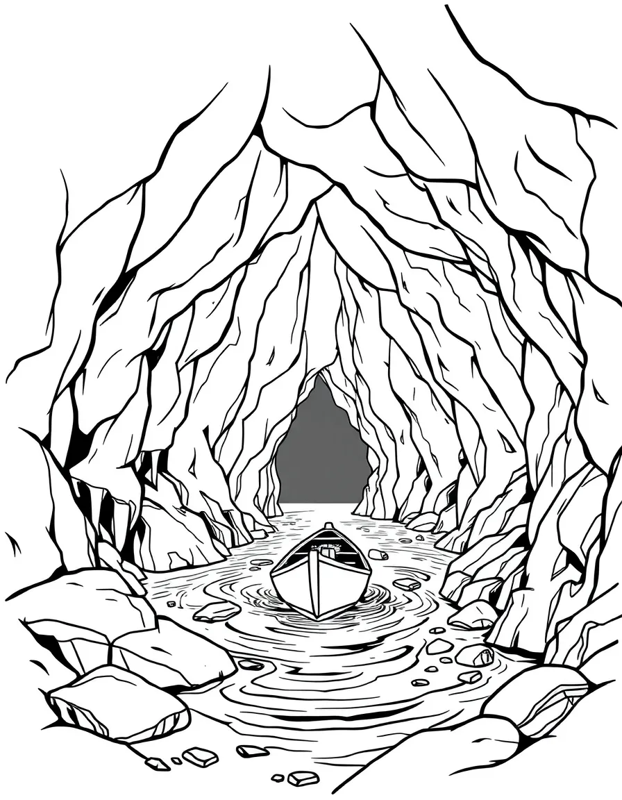 River cave with boat entering mysterious opening