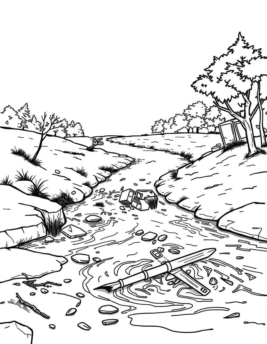 River after rain with swollen banks and debris