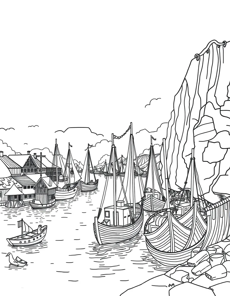 Ancient river trading port with diverse vessels