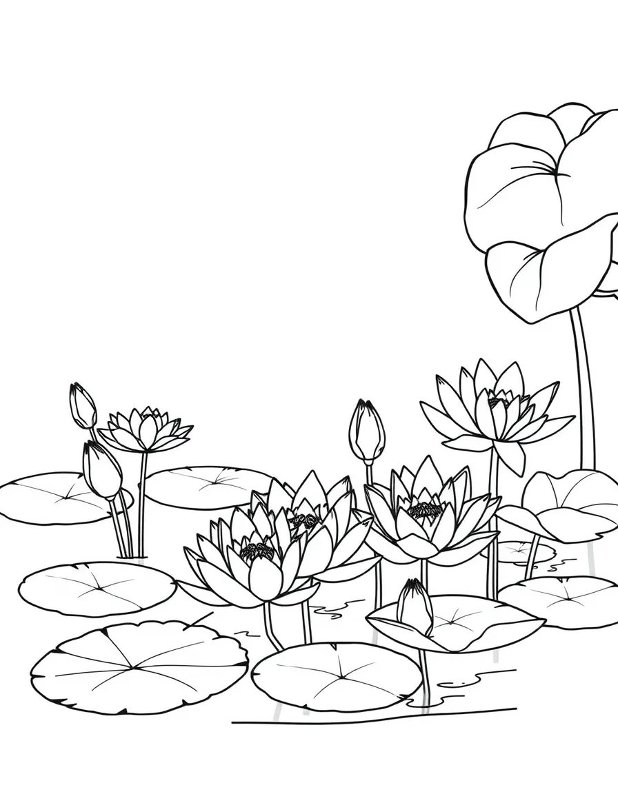 Lily pads and lotus flowers on river surface