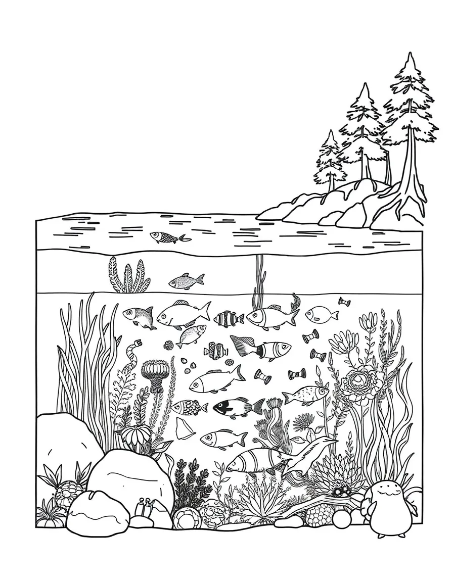 River ecosystem cross-section showing underwater life