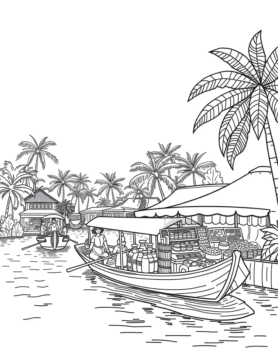 Floating market on tropical river with detailed boats