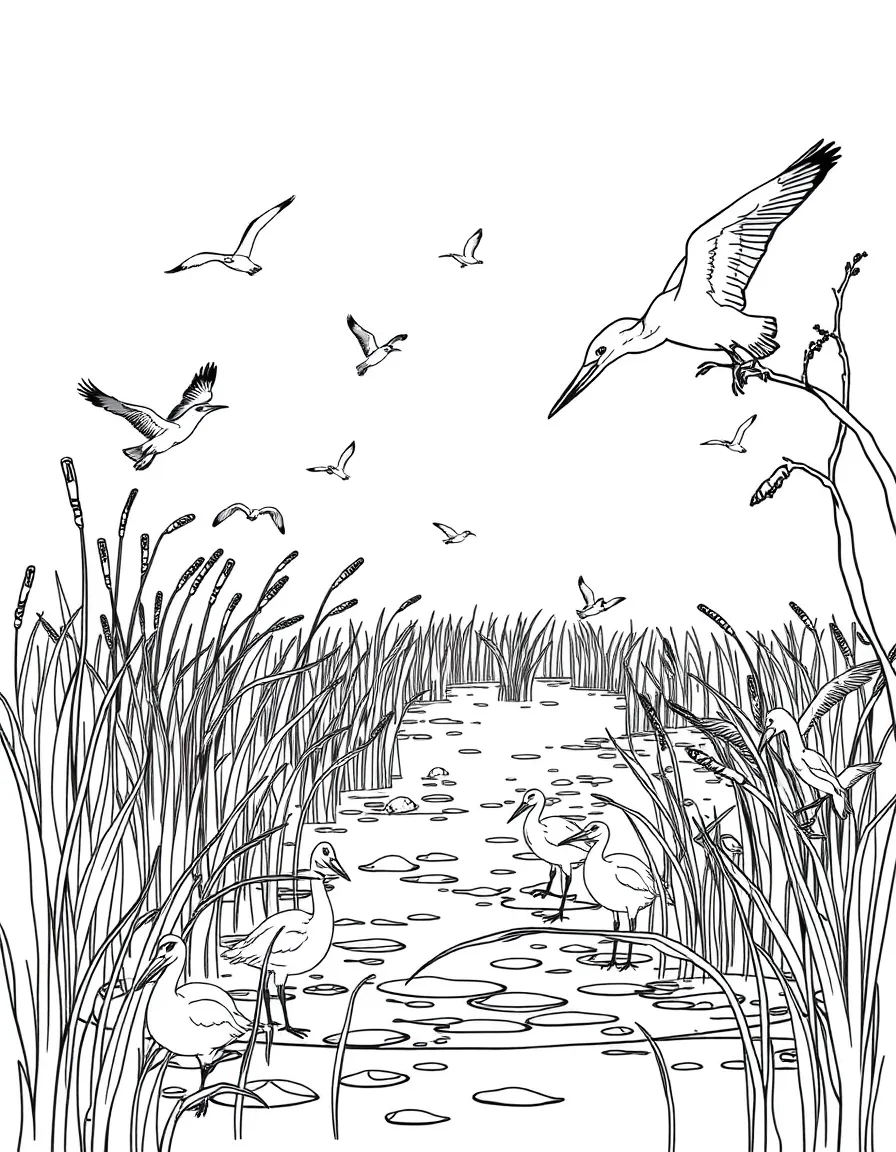 River marsh with diverse bird species