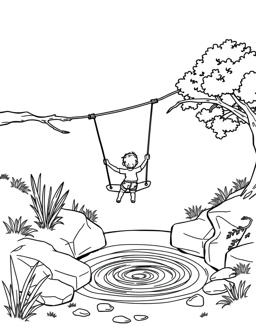 Children's rope swing over swimming hole in river