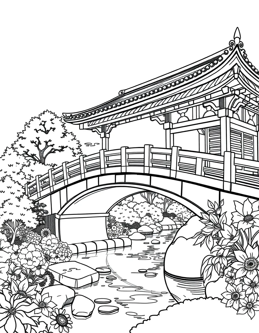 Ornate Japanese bridge over garden river