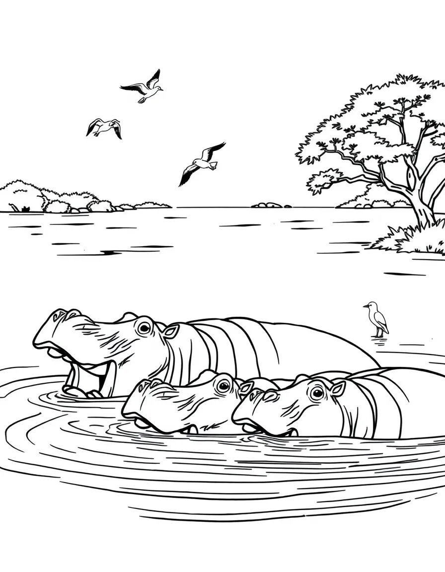 Hippos bathing in African river with birds
