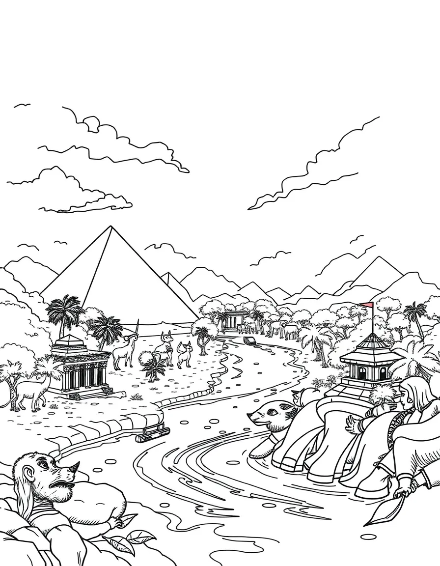 Ancient river civilizations with pyramids and temples