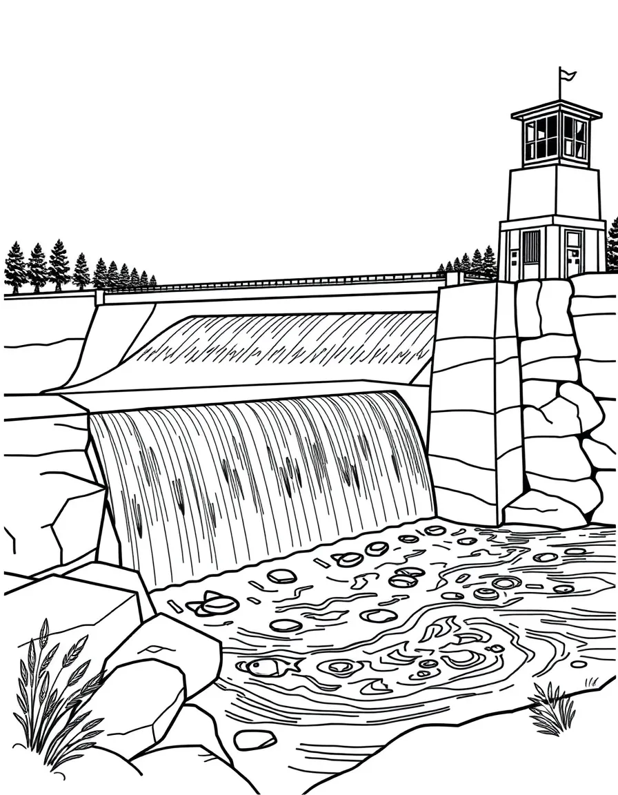 River dam with fish ladder and power station