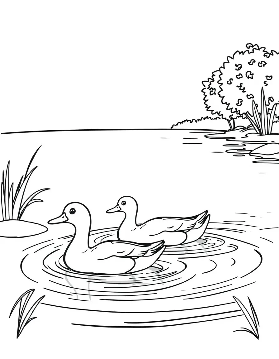 Duck family swimming in calm river pool