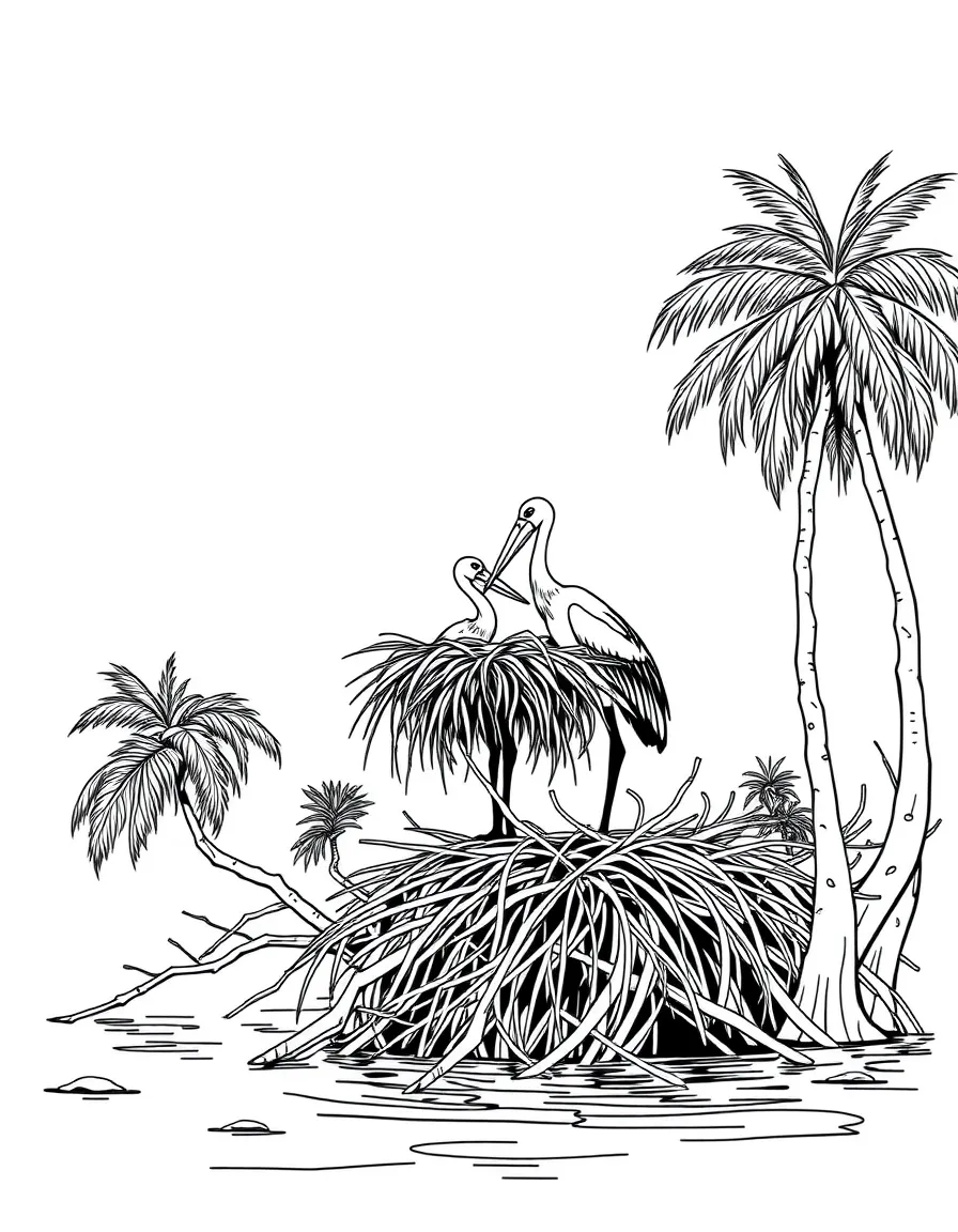 Storks nesting on riverbank trees